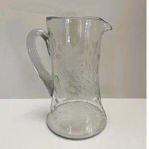 Vintage Tiffin Glass, Etched Floral & Stem, Cut Stem, Tall Glass Pitcher (1930s)